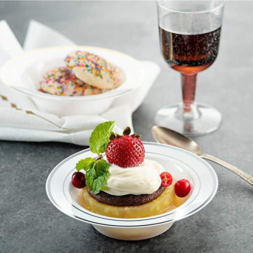 Bloomingoods 100 Disposable White Silver Trim Plastic Dessert Bowls | Small 6 Oz. Premium Heavy Duty Disposable Dinnerware With Real China Design | Safe & Reusable And Great For Parties (50-Pack) #TOP1