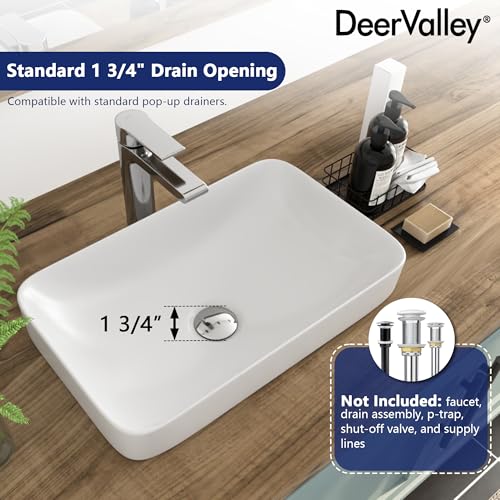 Bathroom Vessel Sink, DeerValley 19'' x 12'' Semi Recessed Bathroom Sink Rectangular White Ceramic Vessel Sinks for Bathroom Modern Bath Sink Bowl Vanity Sinks Above Counter Basin DV-1V0047