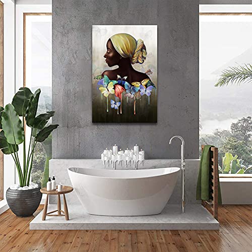 Framed Pop Black Art Canvas Wall Art African American Woman With Butterfly Painting Modern Decorative Artwork For Living Room Bedroom Bathroom Wall Decor Ready To Hang 24"X36" #TOP3