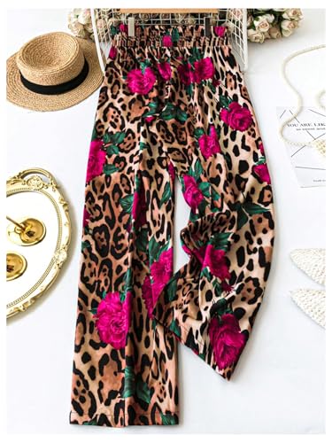 GORGLITTER Women's Cheetah Floral Print Wide Leg Pants Elastic High Waist Flowy Trousers Pants2