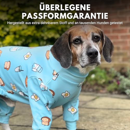 Spark Paws Hundepyjama, ultraweich und 4-Wege-Stretch, Erholungsanzug nach Operation, Schlafanzug Onesie für Kleine, Mittlere und Große Hunde - Breakfast Blue - 3XL