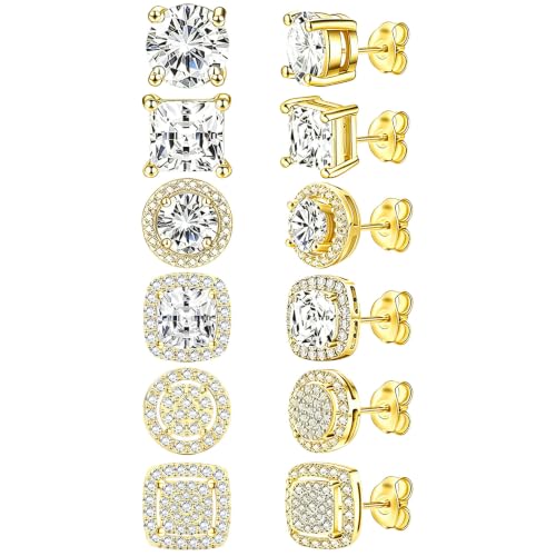 Image of NEWITIN 6 Pairs Gold Earrings for Men Women Halo Stud Earring Set | Hypoallergenic, 18K Gold Plated Stainless Steel, Cubic Zirconia, Round Square Diamond Stud Earrings, Unisex Earrings Set, 8mm