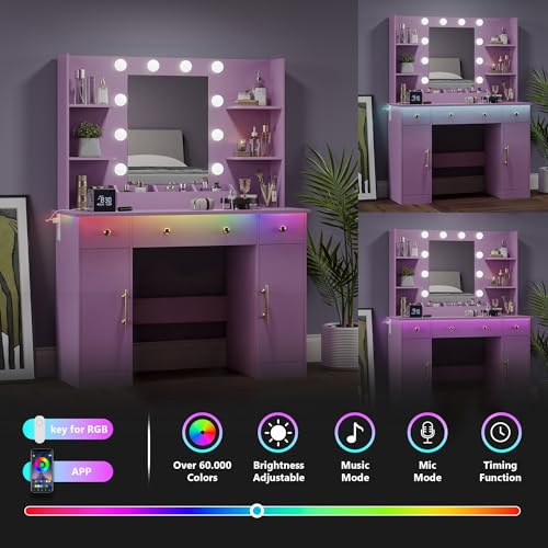 Image of Wodeer Makeup Vanity Desk with Mirror and Lights, 43 inch Purple Vanity Set with 3 Drawers, Power Outlet & Adjustable RGB LED Lights, Dressing Table with Storage Shelf for Women & Girls Bedroom