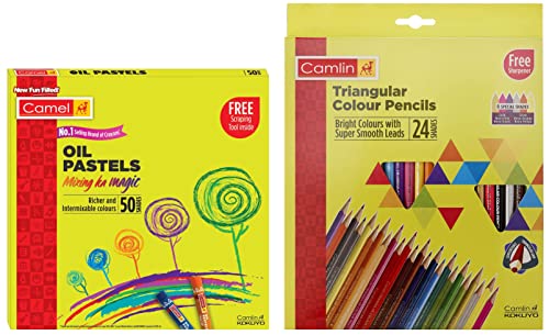 Image of Camel Oil Pastel (50 Shades) & Camlin Triangular Colour Pencil Set with Sharpener - Pack of 24 (Multicolour)