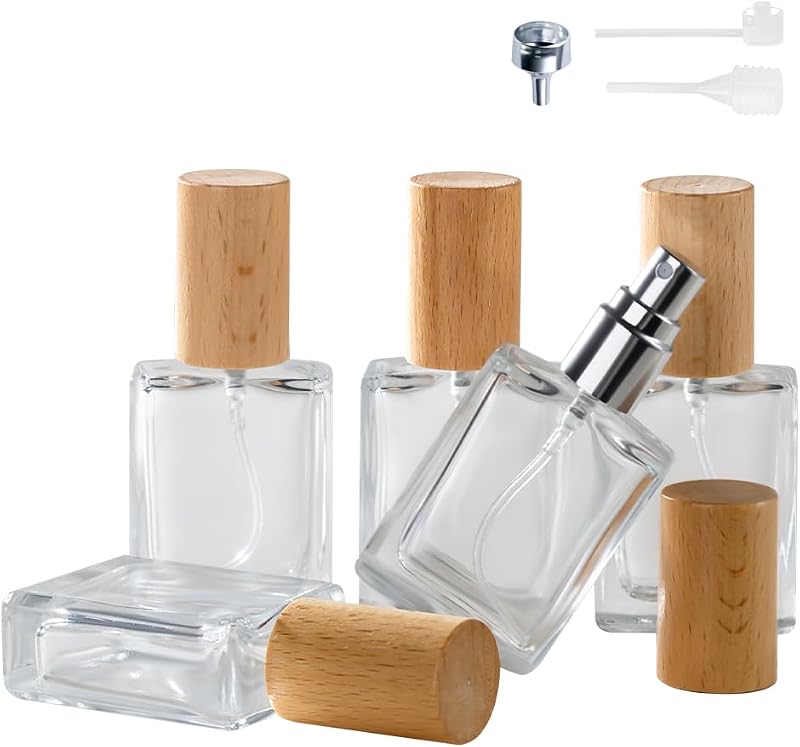 Atomizador de perfume, botellas de perfume en aerosol recargables 5 piezas 0,5 oz/15 ml | Tapa de madera auténtica, aspecto clásico, a prueba de fugas, tamaño compacto, botella sólida, pulverización de retoque diario