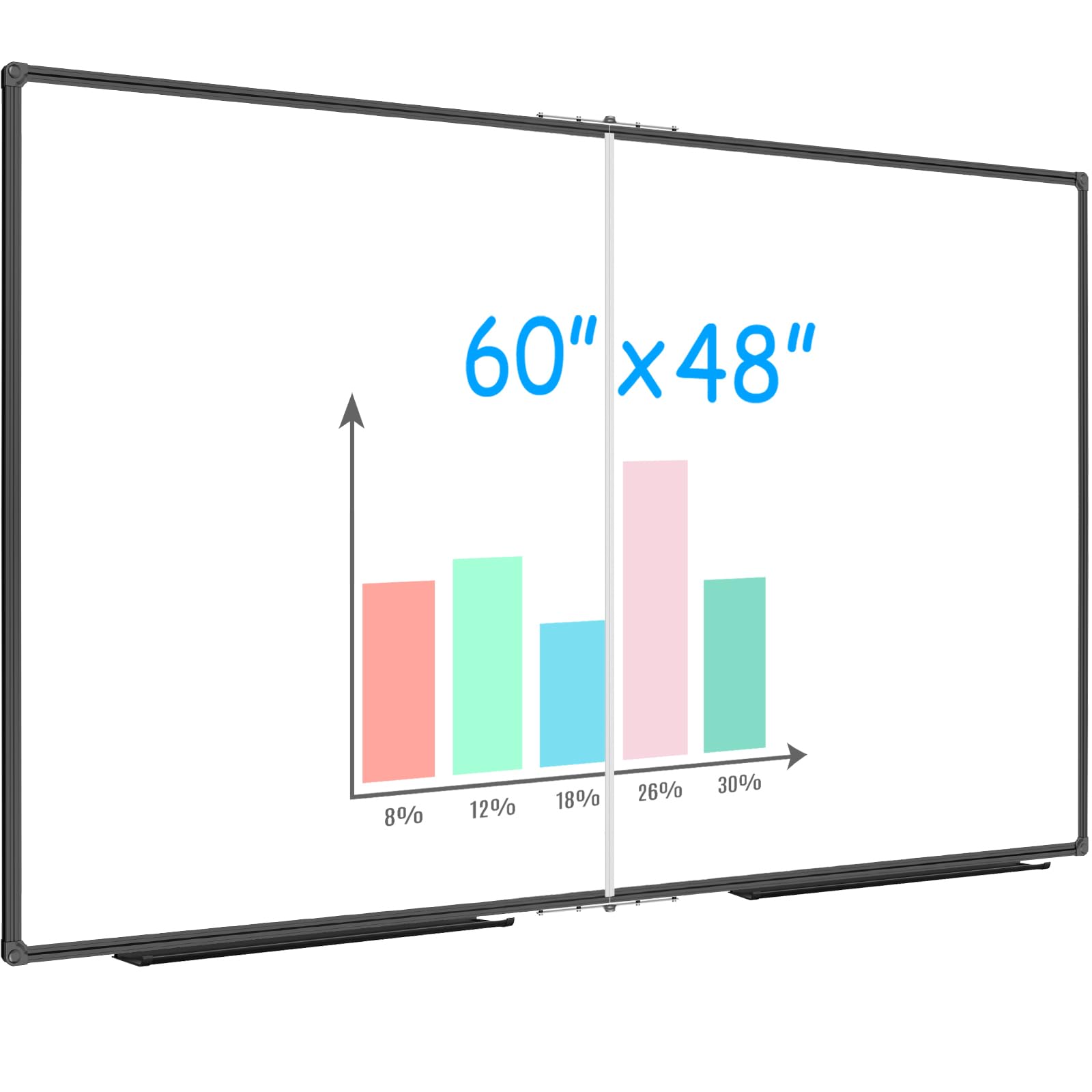 JILoffice Large Foldable White Board 60 x 48 Inches, Dry Erase Magnetic White Board, Black Aluminum Frame with 2 Detachable Marker Trays Wall Mounted Board for Office Home and School
