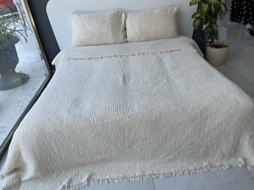 Muslin Blanket 100% Cotton, 4 Layers Bedspread, Soft Turkish Cotton Muslin Bed Cover, Reversible Coverlet, Ivory (King Size 95X102-230X260Cm) #TOP3