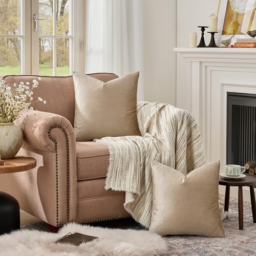 Image of GIGIZAZA Decorative Throw Pillow Covers 24 x 24,Sofa Cushion Tan Khaki Pillow Covers,Velvet Pillow Square Cushion Covers (Khaki, 24 x 24- Set of 2)