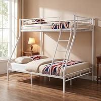 Panana Triple Bunk Bed 3FT Single 4FT6 Double Metal Bed Frame with Ladder & Safety Guardrail for Kids, Teens & Adults (White)
