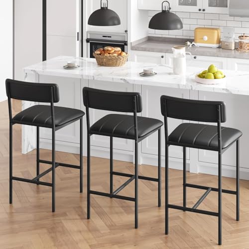 Image of GAOMON Bar Stools Set of 2, Kitchen Bar Stools with Footrest, Counter Height Barstools, Modern Farmhouse Furniture, Black