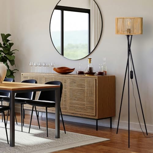 Lámpara de pie LED de diseño industrial con trípode metálico y madera 4