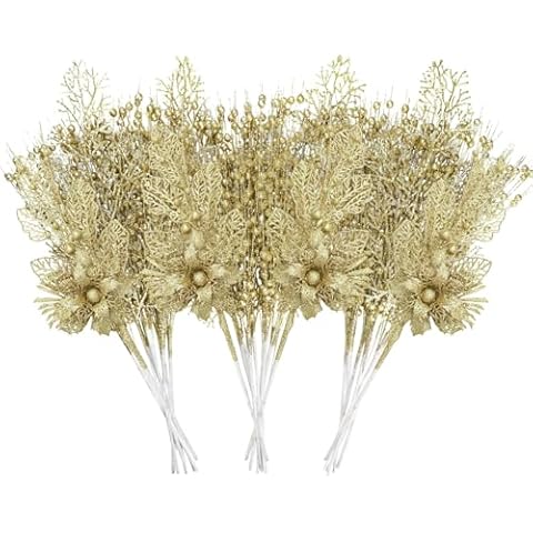 UXORSN 28 Pack Gold Christmas Tree Ornaments Artificial Flowers Glitter Berry Stem Branches Christmas Tree Picks Twigs Sprays Xmas Tree Decorations for Vase Filler Wreath Holiday Wedding Party Decor Cover