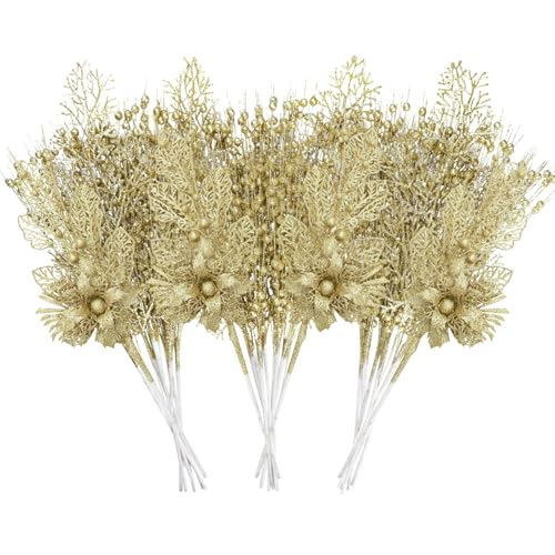UXORSN 28 Pack Gold Christmas Tree Decorations Artificial Glitter Berry Flowers Stems Branches Christmas Foliage Picks Xmas Tree Ornaments Floral Twig Sticks for Vase Holiday Wedding Party Decor