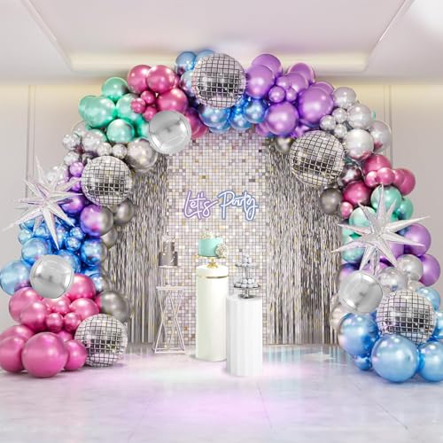 Disco Ball Balloon Arch Garland Kit,Disco Party Decorations with Metallic Rainbow Balloons Disco Ball Balloons for 80s 90s Theme Birthday Anniversary Party Supplies