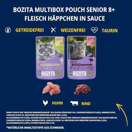 Bozita Nassfutter Senior 8+ Multibox - Häppchen in Sauce mit Fleisch - 12x85g Portionsbeutel getreidefreies & weizenfreies Mixpack - Katzenfutter mit 8,5% Protein & 4,5% Fett