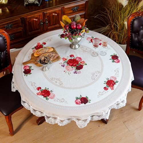 SUTAVIA Round Tablecloth 60 inches Offwhite Lace Rose Pattern Fabric