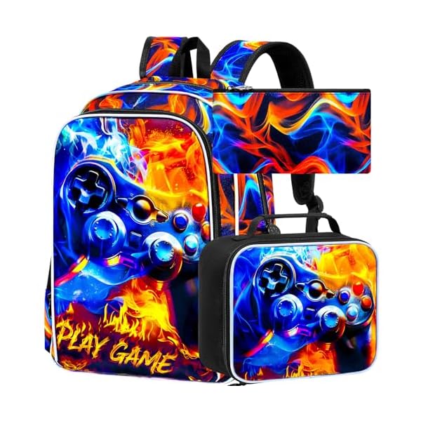 KLFVB 3PCS Bookbag for Boys, 17" Boys Game Backpack and Lunch Box, Water Resistant Teenagers Backpacks for Middle Elementary - Flame Game