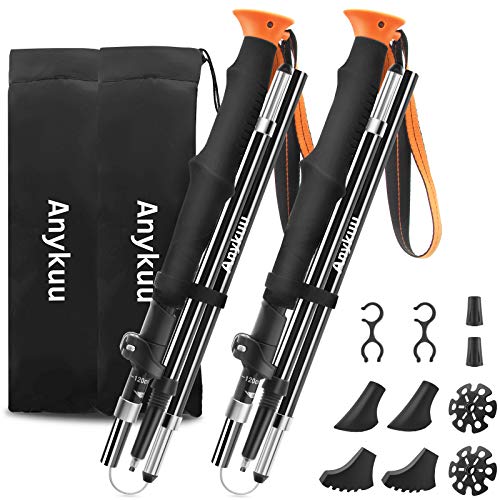 Anykuu Bastones de Senderismo Bastones Trekking 2 piezas de marcha nórdica plegables telescópicos ajustables ligeros 37~135cm, bastón plegable de aluminio de aleación de llevar bolsa de montañismo