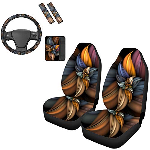UNICEU 3D Colorful Flower Printed Car Seat Covers Auto Front Seats Protector+Steering Wheel Cover+Seat Belt Pads+Armrest Cover,Auto Accessories Universal Fits for Cars