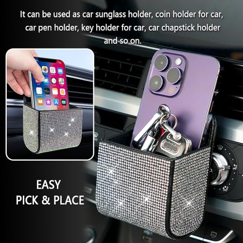 Image of Car Vent Storage Organizer,Bling Car Accessories for Women or Man,Rhinestone Car Vent Leather Pocket,Multipurpose Car Storage /Car Sunglass Holder /Car Coin Holder for Car (Colorful)