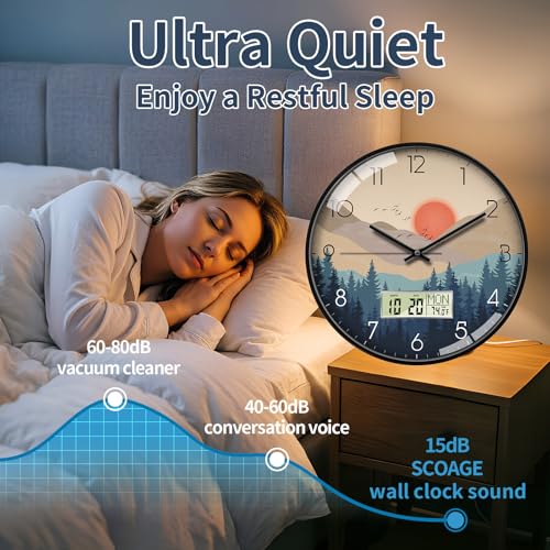 Image of 14 inch Wilderness Sunset Wall Clock, Analog Clock with Digital Display | Silent Non-Ticking, Battery Operated, Shows Date Day & Temperature, Decorative for Living Room, Bedroom, Kitchen, Office