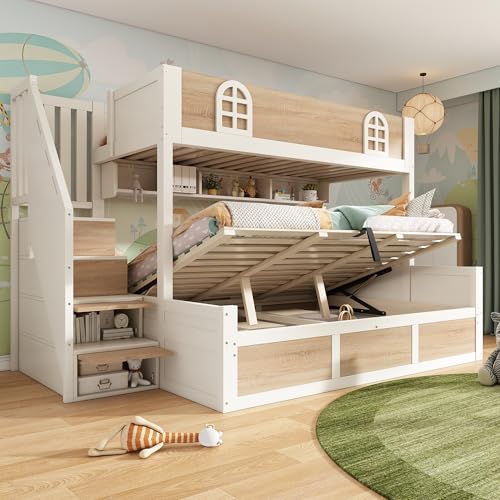 Arhatreya Litera de 90/140 x 200 cm, cama de madera con armario para escaleras, cuna con almacenamiento hidráulico, cama con protección anticaídas (sin colchón), color blanco y natural