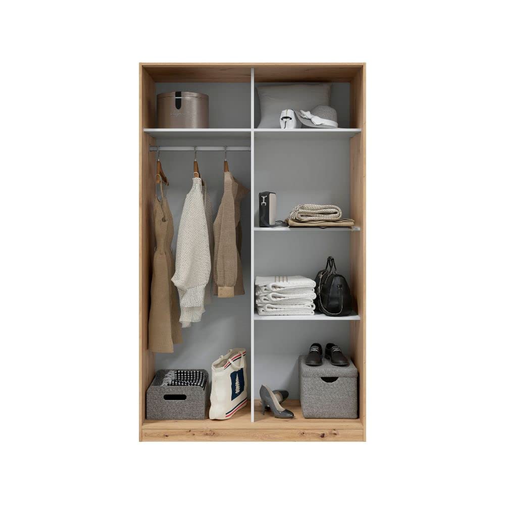 Mobelcenter, Armario 2 Puertas Correderas, Armario Matrimonio o Juvenil con 4 estantes y Barra de Colgar, Acabado Color Roble Nodi, Medidas: Ancho: 120 cm x Fondo: 50 cm x Alto: 200 cm (1385)