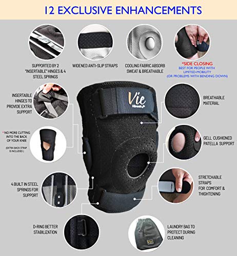 Knee Brace Plus Size Exclusive - Hinged Side Closing Design For Fast Easy Wearing. Designed For Plus Size Men And Women, Provides Great Stabilization, Support, Non Slip & Non Bulky-Vievibrante 3 Black #TOP4