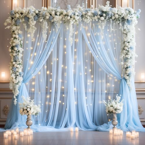 20x10ft Baby Blue Tulle Backdrop Curtain with Lights String for Parites, Sheer Photo Backdrop Curtains with Lights for Wedding Backdrop Ceremony Reception Bridal Shower Baby Shower Birthday Party
