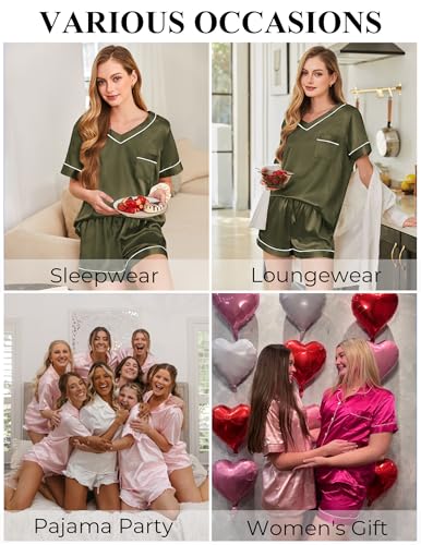 Image of Silk Pajamas for Women Short Sleeve Satin 2 Piece Pj Set Soft V Neck Sleepwear Loungewear, S-XXL