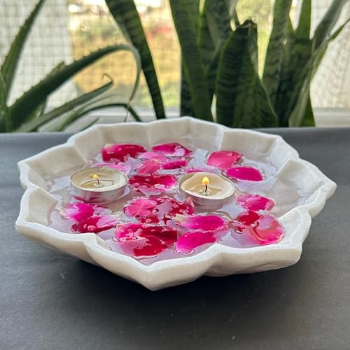 Image of Marble Urli Bowl for Decoration | Big Potpourri Decorative Bowls in Home decor | Large White Floating Flower Plates of Stone | Small Shape puja Item | (9 inch, Petal Glow)