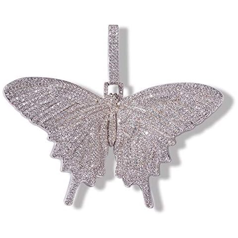 Moca Jewellery Hip Hop Iced Out Big Butterfly Chain Pendant 18 Carat Gold Plated Chain Necklace with 70 cm Cuban Chain silver Cover