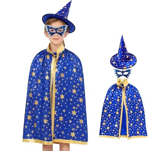 MmmLucipor capa de mago de halloween, capa de mago con forma de estrella, y 1 gorro de mago, además de 1 antifaz, Costume Props for Kids Cosplay Party(B Blue) | Ya disponible en tu tienda friki favorita! En mundofriki.es!