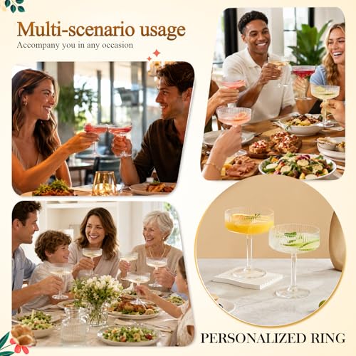 Image of 50 Pcs 5 oz Plastic Ribbed Martini Glasses, Disposable Vintage Plastic Coupe Glasses for Cocktails, Desserts Parfaits, Clear Party Glassware for Weddings Events