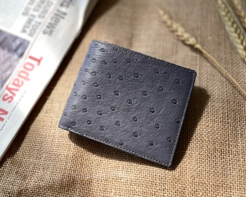 Image of HATA Grey Ostrich Leather Bifold Wallet for Men, Double-Sided Ostrich Billfold with RFID Blocking, Handmade Leather Wallet Gift for Birthday, Anniversary, Father's Day VINAMOS-00