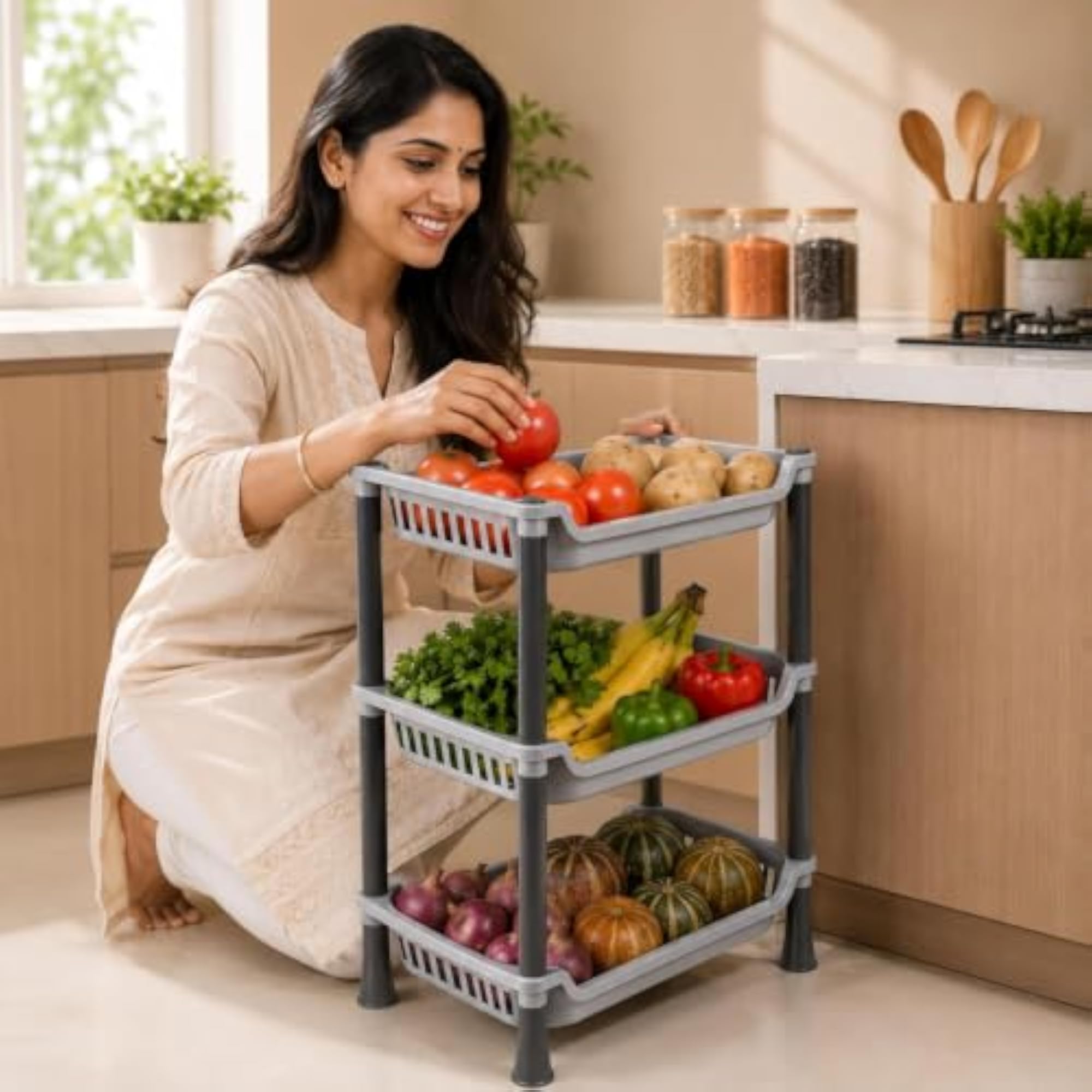 3-Tier Kitchen Storage Rack, Plastic Vegetable & Fruit Organizer Shelf