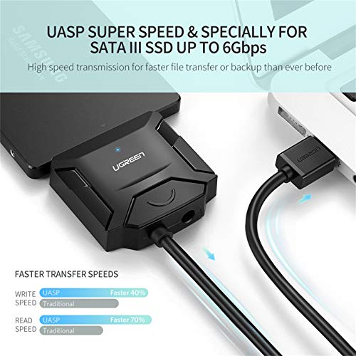 UGREEN Adattatore SATA USB 3.0 per SSD HDD 2.5’’3.5’’ 12TB con Alimentatore DC 12V, Cavo SATA USB 3.0 UASP e Riposo Automatico, SATA Adapter USB 3.0 per WD Toshiba Seagate Samsung Hitachi ecc.