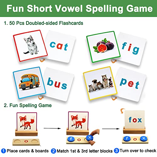 Wooden Short Vowel Reading Letters Spelling Toys, Alphabet Puzzle Flashcards Learning Activities Sight Words Reading Blocks Educational Toys for 3 4 5 Years Old Kids