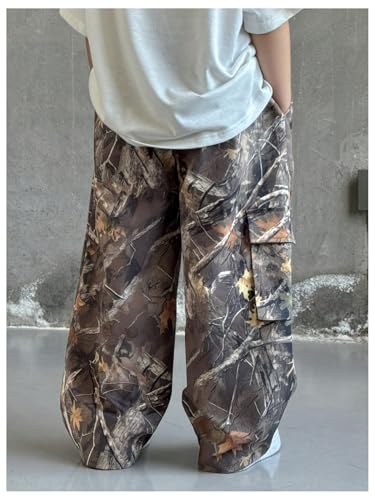 Boy's Camo Cargo Pants Branch Print Flap Pockets Wide Leg Baggy Track Pants3