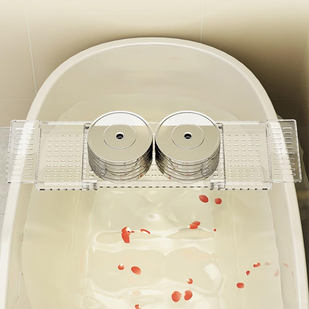 Bandeja extensible para bañera con soporte para copas de vino y libro, estante de baño transparente para relajación de spa, se adapta a bañeras de hasta 29.5 pulgadas de ancho, perfecta para remojar y