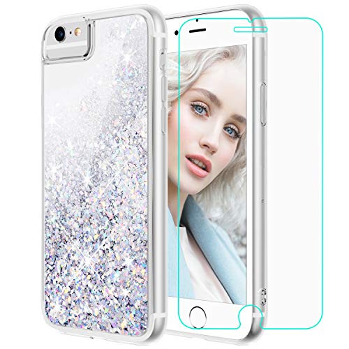 Maxdara Case for iPhone 6S/6 Glitter Case [Tempered Glass Screen Protector] Liquid Floating Bling Sparkle Luxury Shockproof Bumper Pretty Girls Children Case for iPhone 6/6s/7/8 4.7 inches (Silver)