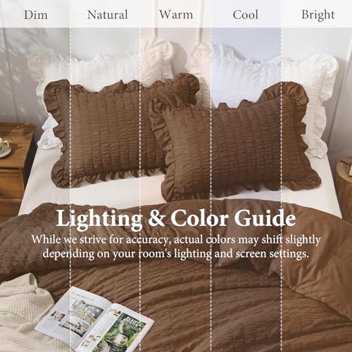Image of JOLLYVOGUE King Size Comforter Set, 3 Pieces Oak Brown Seersucker Comforters King Size, Lightweight & Fluffy Bedding Sets King for All Season with 1 Ruffle Comforter and 2 Ruffle Pillowshams