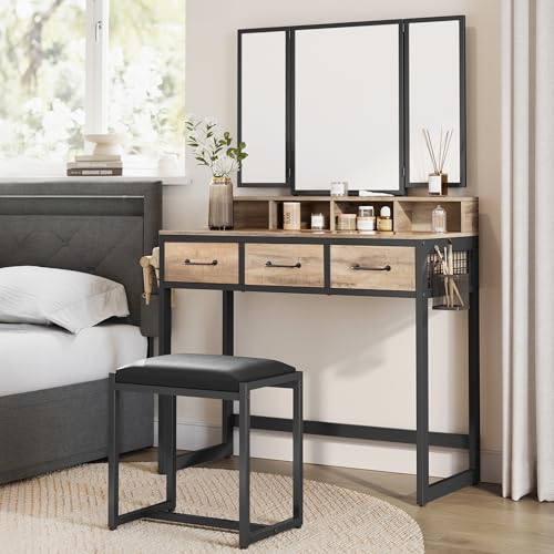 VASAGLE Dressing Table with Mirror and Stool, Vanity Table with Tri-Fold Mirror, 3 Drawers, Hair Dryer Holder, Makeup Desk, Industrial Style, Camel Brown and Black RVT004B50