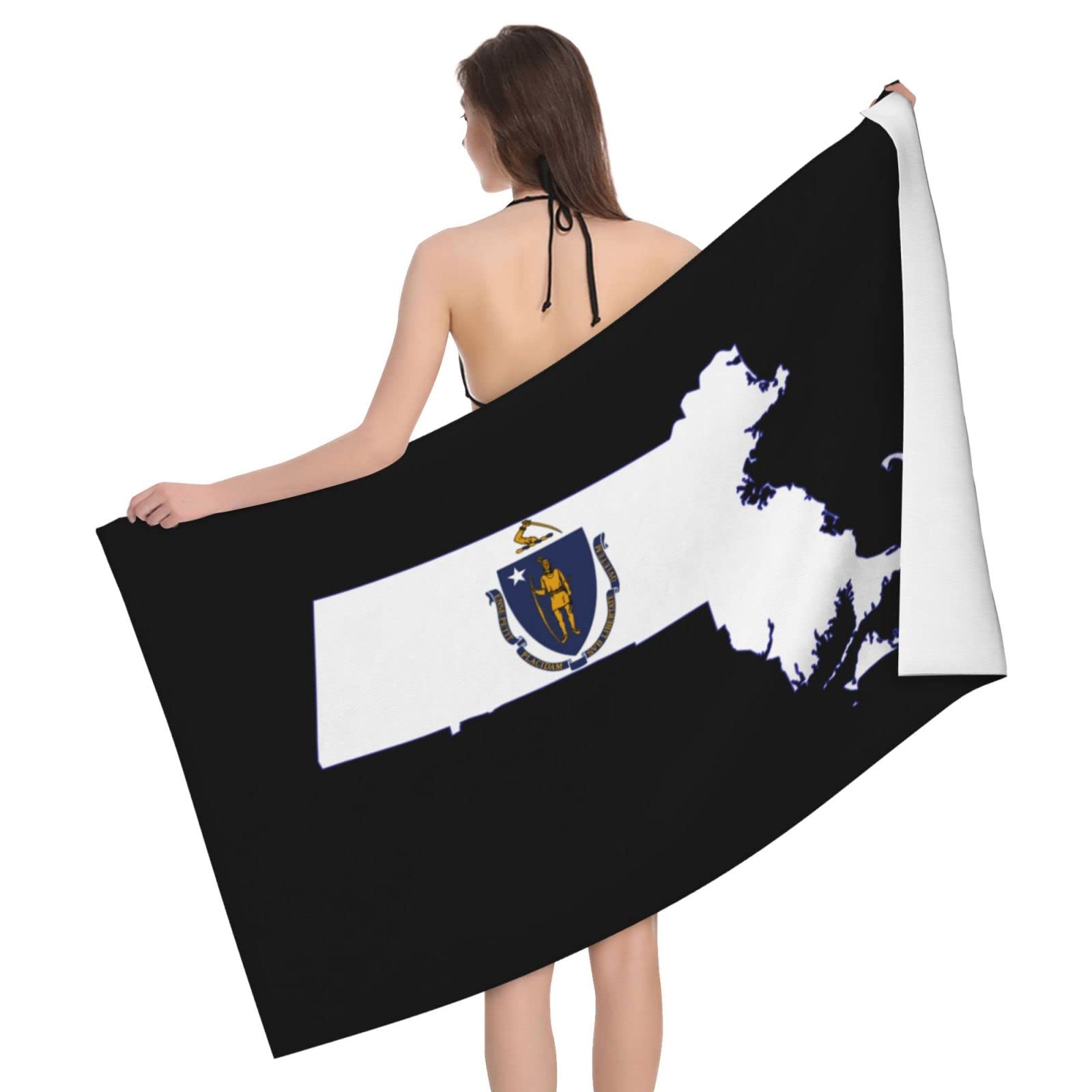 Lsjuee Massachusetts Flag Map Bath Towel Absorb Water Quick Dry Bath Towel, for Beach, Swimming Pool, Camping