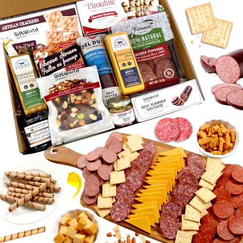 Deluxe Meat and Cheese Gift Basket – Gourmet Charcuterie Assortment Charcuterie Food Items, Meat Cheese Assortment, Food Gifts for Men, Tailgating, Business, Congratulations, Care Packages, Thanksgiving - 11-item Bundle