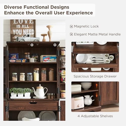 ACCOHOHO 72" Tall Wooden Pantry Storage Cabinet with Door Shelves & Drawer - 5