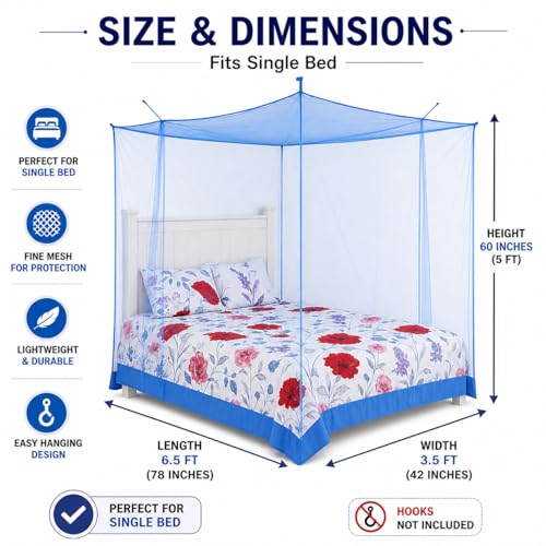 Image of ANS HDPE Mosquito Net for Single Bed | 3.5 x 6.5 Ft | Durable Breathable Mesh with Strong Border | Hanging Type Mosquito Protection Net | Lightweight & Foldable | Blue