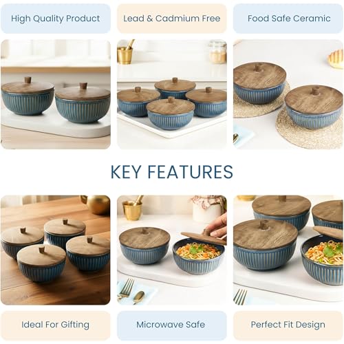 Image of The Earth Store Glam Blue Ceramic Bowl Set of 4 - 500ML Each with Nob Wooden Lid | Mixing Bowls for Snacks, Rice, Dal, Fruits, Salad Microwave Safe Bowl with Lid Perfect Gifting & Daily Use