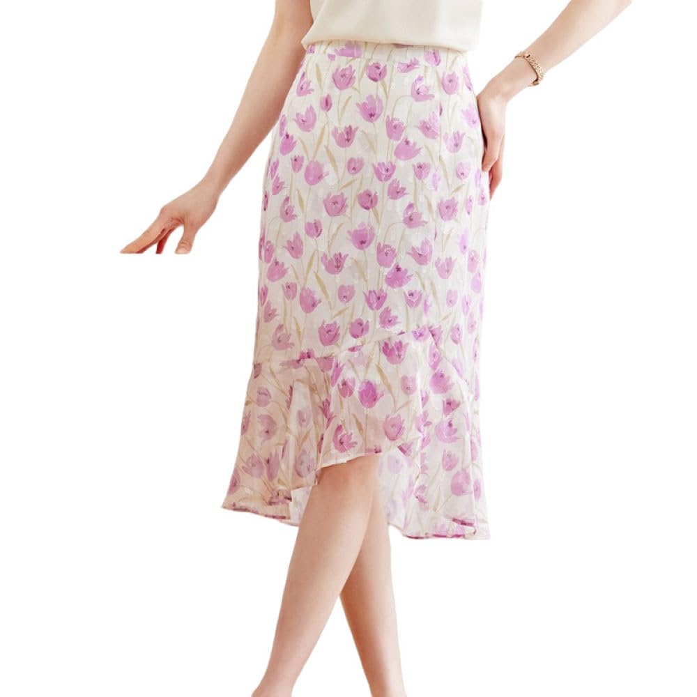 Gonne Da Donna,Gonna Longuette In Chiffon Leggero Estivo Per Donna Boho Floral Gonna Avvolta Sui Fianchi Gonna A Coda Di Pesce Con Volant Increspato Cerniera Posteriore A-Line Elegante Gonne Lunghe