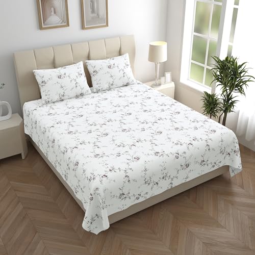Image of LINENWALAS 100% Cotton Bed Sheet for Super King Size Bed, Floral Printed Bedsheet with 2 Pillow Covers | 210 TC Soft, Breathable, Luxury Bedsheet (Vineyard, 108 x 120 Inches), White
